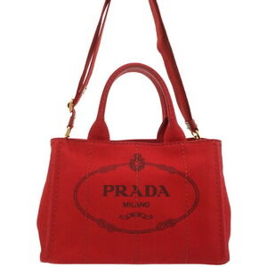 Prada Canapa Tote canvas handbag top handles 2way Red